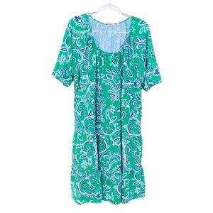 Soft Surroundings Ilana Tiered Midi Dress Green Leaf Ikat Plus 2X Slub Stretch